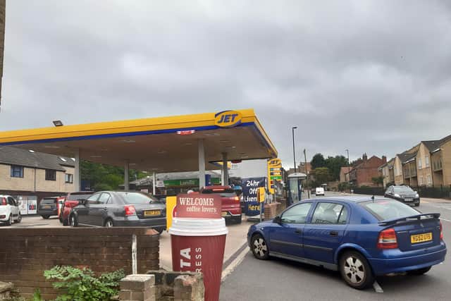 Cars queue to fill up at Jet garage in Crookes.