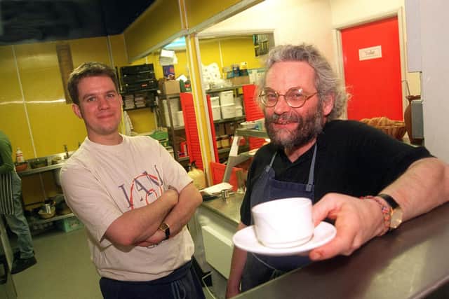 Bill Clarke and Nick Dunhill, joint owners of the Blue Moon Cafe on Norfolk Row, Sheffield in 1997