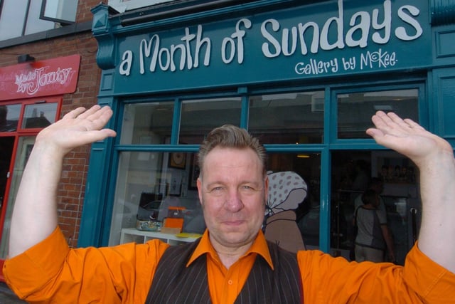 Pete McKee at his new gallery, A Month of Sundays, in Sharrow Vale Road, Sheffield, pictured in June 2010
