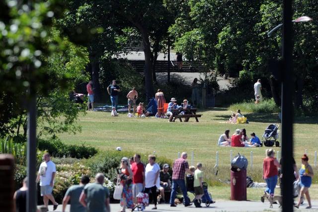 Crowds enjoy the good weather at South Marine Park. In June, the Government announced the rules on social distancing were to be eased, allowing families and friends to meet up in groups of six, with two metre distances in place.