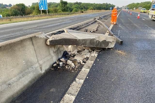 The concrete barrier on the M18 close to the Wadworth Viaduct near Doncaster was severely damaged in last month's incident.