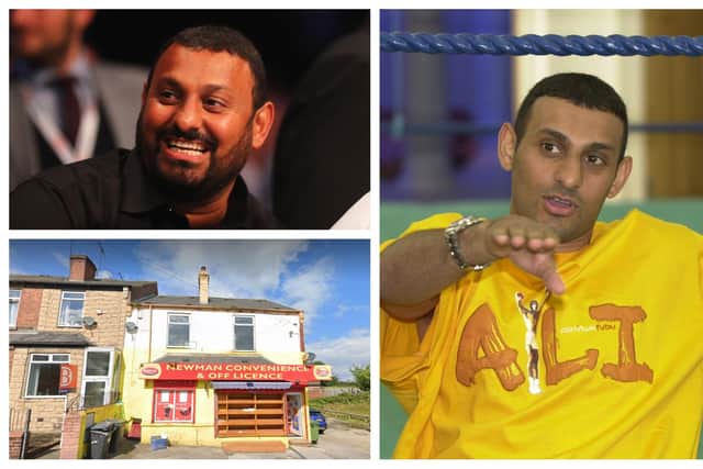Prince Naseem Hamed pictured in 2002 at his Sheffield gym on Abbeydale Road (right), the house above a convenience store in Wincobank where he grew up (bottom left), and at The O2 Arena in London in 2016 (top left) (pics: Google/Getty Images/JPI Media)