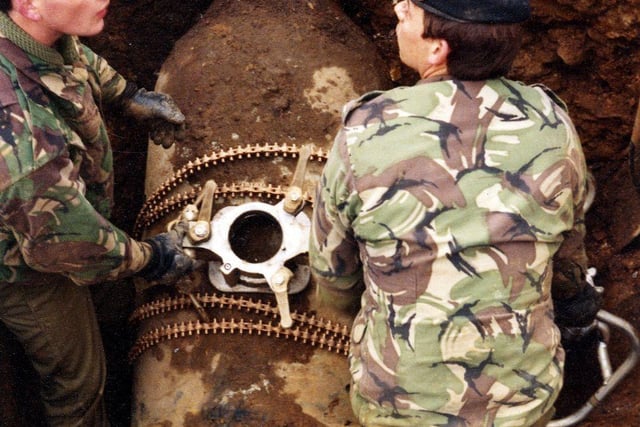 Royal Engineers Bomb Disposal experts diffusing Hermann 1,000kg bomb, Lancing Road which was dropped 12-13th December 1940 discovered during excavation work for drain laying. February 1985