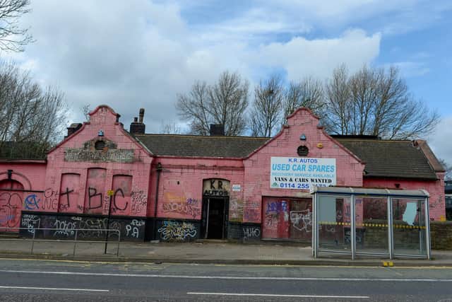This building, now a car breaker's,  was once the railway station ticket office at Heeley in Sheffield