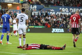 David McGoldrick of Sheffield United reacts after missing a chance at Swansea: Simon Bellis / Sportimage