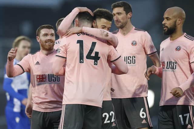 Oliver Burke of Sheffield Utd celebrates scoring the second goal during the FA Cup match at the Memorial Stadium, Bristol.   Darren Staples/Sportimage
