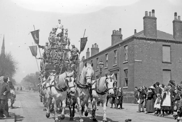 Sanger's Circus Procession on Upper Hanover Street, at the junction with Monmouth Street, in Sheffield city centre. The exact date of this photo is unknown but it is believed to have been taken at some point between 1900 and 1919
