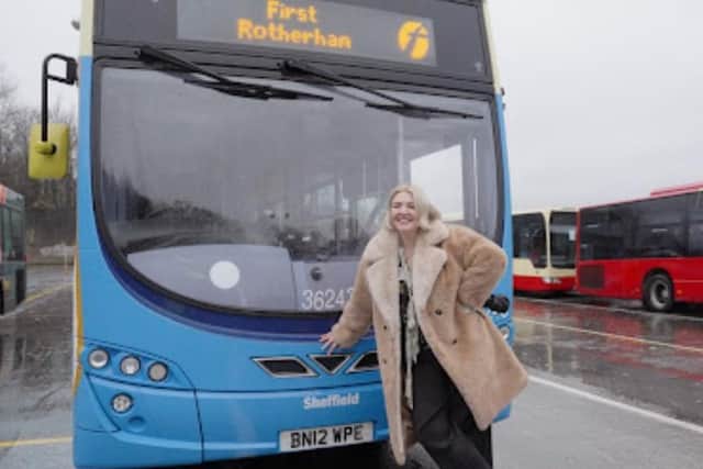 Big name pop star Self Esteem took a bus for a drive round Sheffield – and feared she’d wrecked it! She is pictured with the bus.