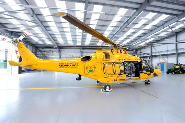 Lincs & Notts Air Ambulance new Leonardo AW169 helicopter in its new, purpose-built hangar.