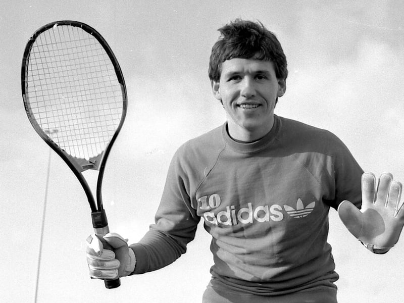 Stags goalkeeper Kevin Hitchcock prepares for a cup match with Wimbledon. Anyone for tennis?