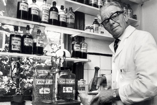 Herbalist Percy Hartley at work in his Walkley shop, August 1981