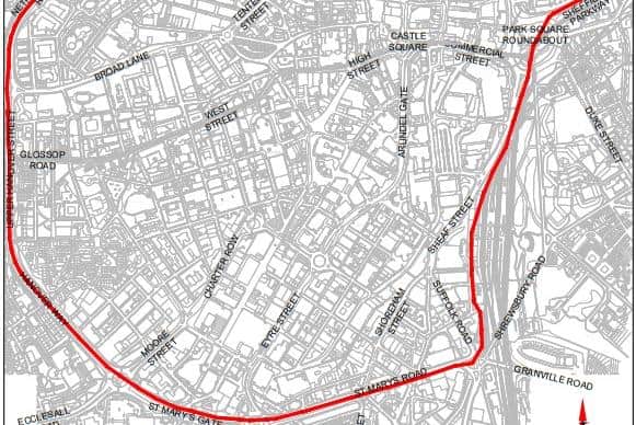 Map of the streets that will be covered by Sheffield Council's city centre pavement parking ban.