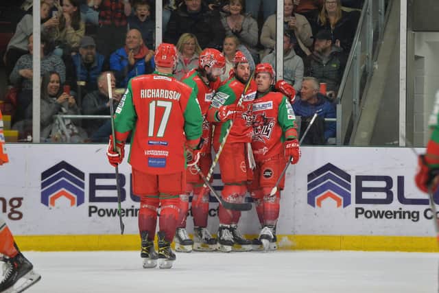 Brandon McNally after scoring against Sheffield Steelers for Cardiff Devils in March