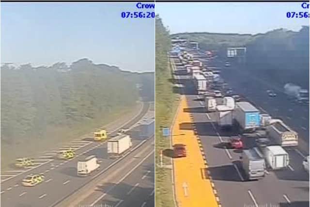 Emergency services at the scene of a crash on the M1 in Sheffield involving multiple vehicles (pic: Traffic Cameras/Highways England)