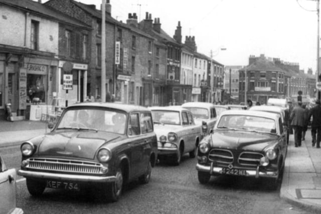 Evening rush hour traffic on Ecclesall Road, near Moore Street, some time during the 1960s or 70s