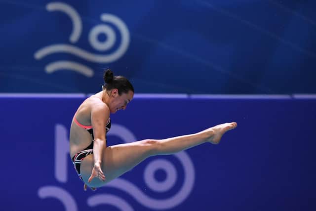 Ireland's Clare Cryan competes in the final of the Women's 1m Springboard Diving event during the LEN European Aquatics Championships at the Duna Arena in Budapest on May 11, 2021. (Photo by Attila KISBENEDEK / AFP).