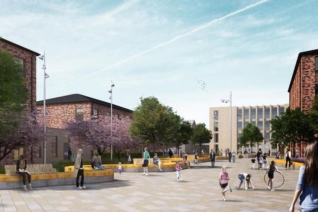 A reconfigured library, an arts centre, 160 homes, 13 retail units, office space and civic square are planned for this site in Muirhouse for June 2021.