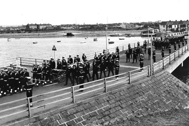 Funeral courtage crosses to HMS Excellent, Whale Island.
The gun carriage bearing Admiral Fraser’s coffin passes over the bridge to enter HMS Excellent, Whale Island in 1981. Photo: Mike Smith collection, The News archive.