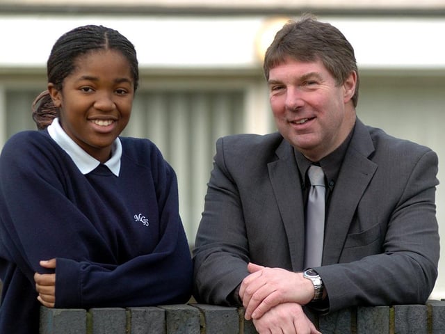 Mr John Wilkinson, the new Myers Grove head teacher, pictured with pupil Shingirayi Tarirah in February 2005
