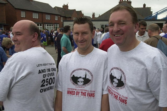 Members of the Chesterfield Football Supporters Society. Left to right, Gary Steele, Mick Hopkinson and Howard Borrell. July 2001.