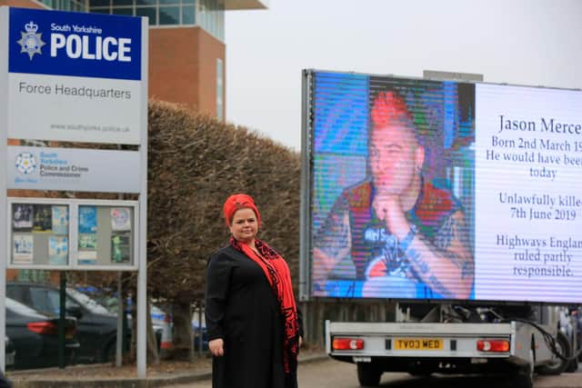 Widow Claire Mercer took a giant digital billboard to South Yorkshire Police's headquarters yesterday to urge the force to prosecute Highways England for corporate manslaughter over smart motorways. Picture: Chris Etchells