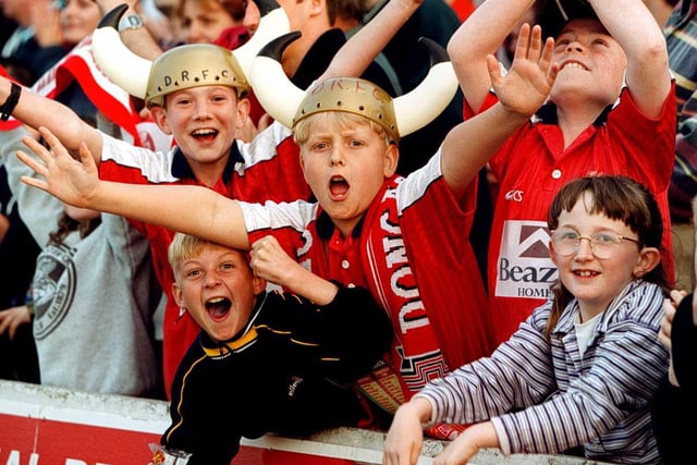 Young Doncaster Rovers fans in jubilant mood prior to the second leg of the Endsleigh Cup final against Farnborough Town in May 1999. Conference League side Rovers won 4-0