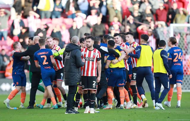 Sheffield United and Blackpool players get involved in a post-match brawl which marred an entertaining 3-3 draw between the sides at Bramall Lane: Lexy Ilsley