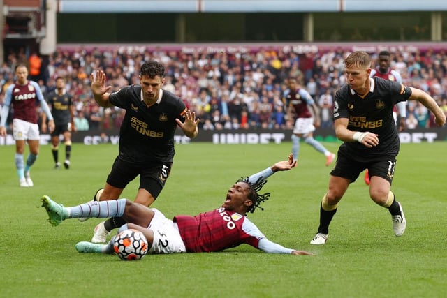 Jaden Philogene-Bidace of Aston Villa goes down from a challenge from Fabian Schaer of Newcastle United during the Premier League match between Aston Villa and Newcastle United at Villa Park on August 21, 2021 in Birmingham, England.