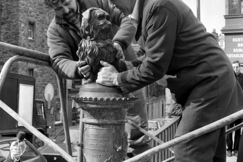 The statue of Greyfriars Bobby is carefully replaced on its pedestal at Candlemaker Row Edinburgh after being repaired in March 1986.