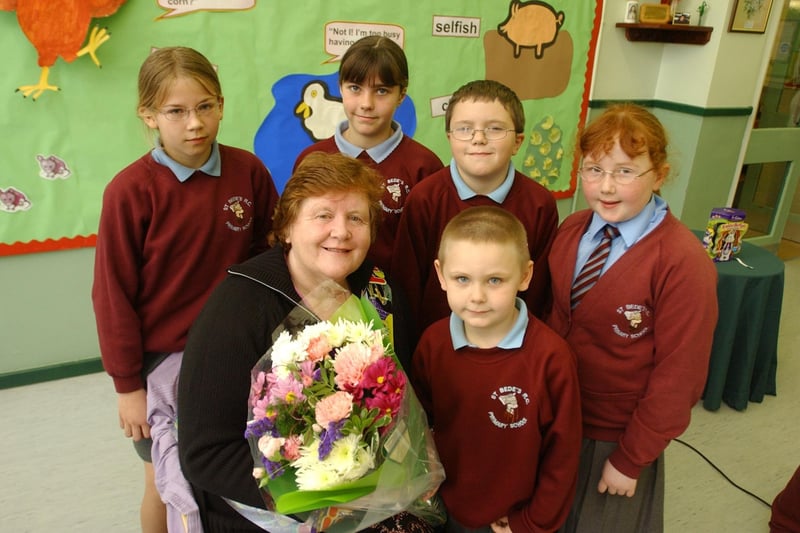 Joan Hannah hung up her apron after 35 years as dinner lady at St Bede's RC Primary School in 2004.