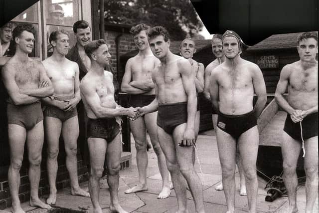 Sheffield Wednesday v Sheffield United water polo match, Longley Park, Sheffield, 1951  left Alan Brown, 3rd from left Ron Capewell, 4th from left Walt Ricketts, Derek Dooley, Eric Pratt , Fred Furniss, Harry Latham,Len Hopkinson and Bill Eason