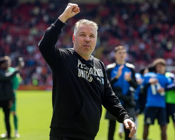 Peterborough United manager Darren Ferguson celebrates after finishing in the playoffs following victory at Oakwell. They play Sheffield Wednesday. (Picture: Ian Hodgson/PA Wire)