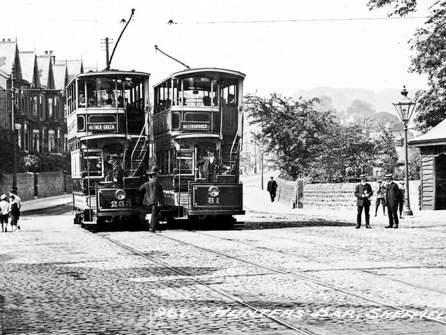 The Nether Green tram number 233 and the Hillsborough 81 pictured at Hunters Bar, Sheffield