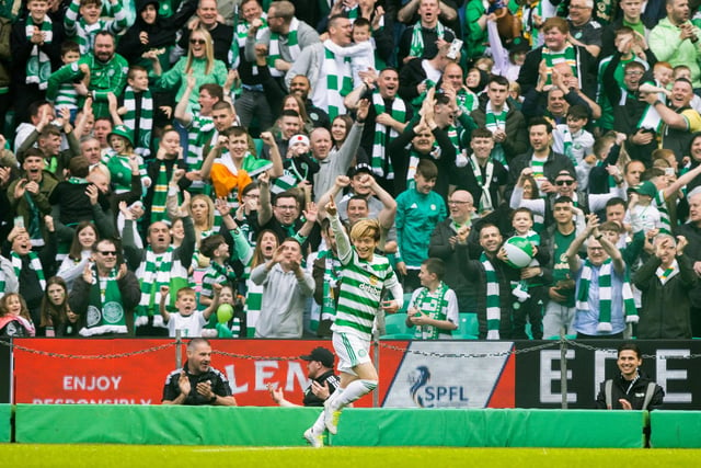 Kyogo Furuhashi celebrates making it 3-0 Celtic during a cinch Premiership match between Celtic and Motherwell at Parkhead