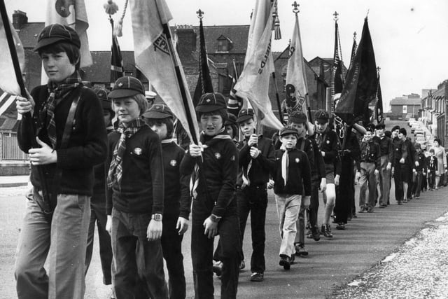 South Shields cubs and scouts are pictured in procession with their standards on their way to Westoe Baptist Church for the annual St George's Day service in 1980. Does this bring back memories?