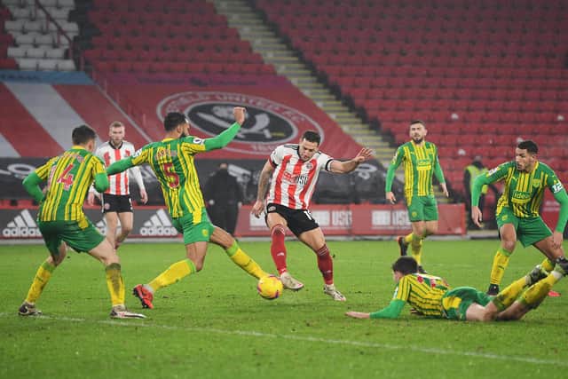 Billy Sharp scores Sheffield United's winner in the 2-1 victory against West Brom at Bramall Lane last night (Photo by Michael Regan/Getty Images)