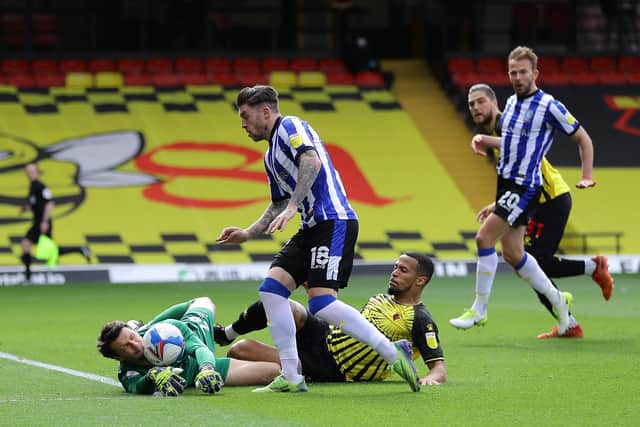 Josh Windass of Sheffield Wednesday is challenged by Daniel Bachmann and William Troost-Ekong of Watford.