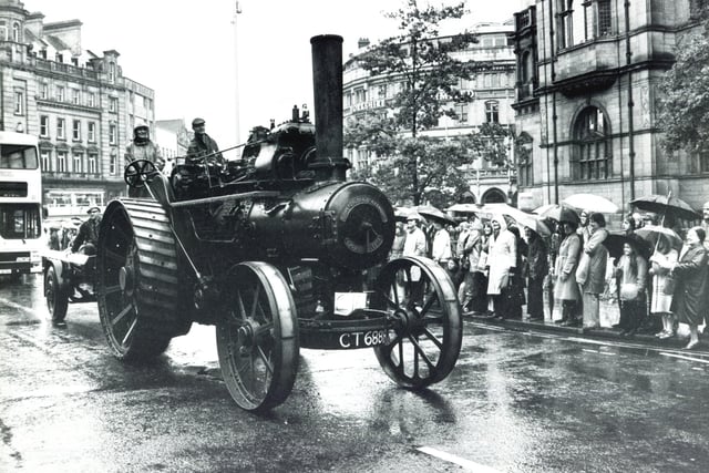 The Sheffield Steam Preservation Society showing off a steam driven traction engine in the 1980 Lord Mayor's Parade