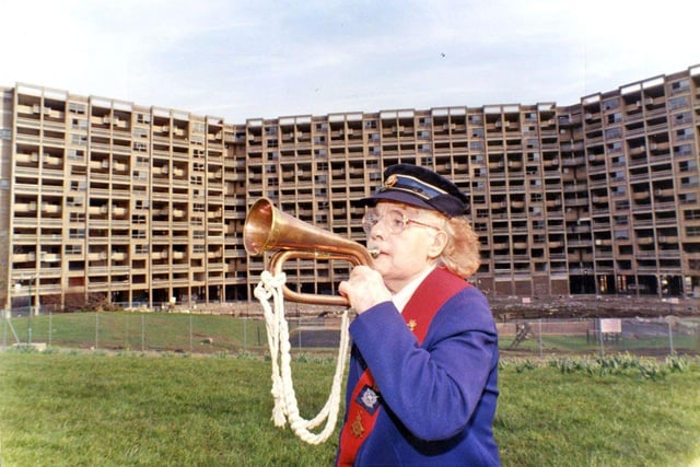 Marion Day wasn't sad to see the back of Kelvin Flats in Upperthorpe - she sounded the Last Post as the complex was demolished on March 10, 1995