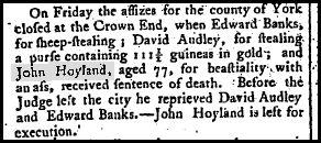 Whilst historians now believe that the charges against John Hoyland were trumped-up, he was publicly executed after he was found guilty of having sex with a donkey on Attercliffe Common in 1793.