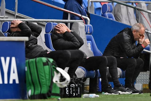 Paul Warne, Manager of Rotherham United reacts after Cardiff City score an equaliser in the Sky Bet Championship.