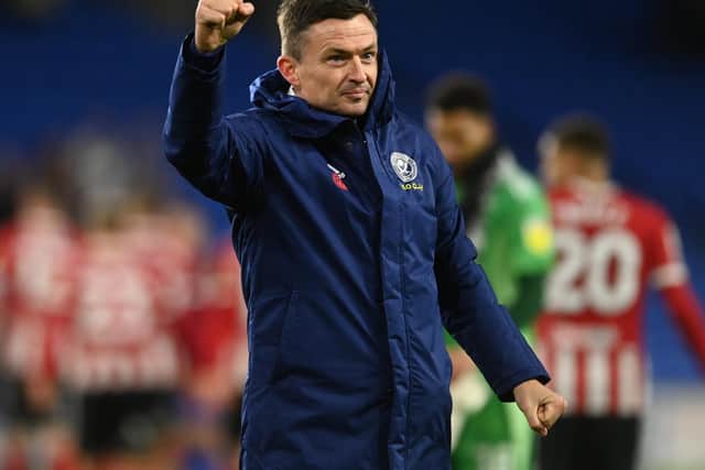 Paul Heckingbottom, manager of Sheffield United, celebrates the win during the Sky Bet Championship match at the Cardiff City Stadium, Cardiff. Picture credit should read: Ashley Crowden / Sportimage
