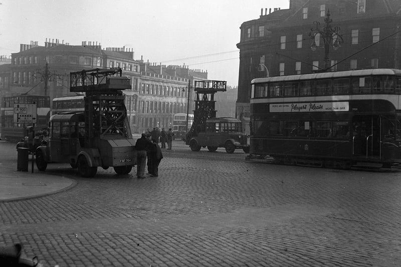 Leith Walk was one of the last places in Edinburgh to still have trams in the mid-1950s. A tram is pictured broken down on the the street in 1955.