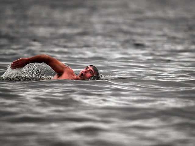 Open water swimming enthusiasts enjoy an early morning swim in Loch Lomond,Trossachs, Scotland. A new study from the UK Dementia Research Institute found that the blood of regular winter swimmers contains a "cold-shock" protein that wasn't found in that of people who did other cold-weather exercise on dry land.