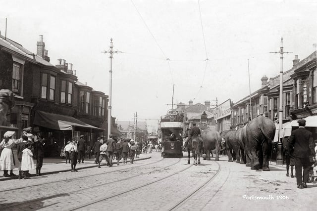 Fawcett Road 1906.
This wonderful photograph looking north up Fawcett Road on a hot summers day in 1906 shows elephants vying for space with the tram.
The elephants were possibly making their way back to Fratton goods yard from Southsea Common to join a circus train.
The man on the horse looks at first glance like a policeman but on closer inspection we can see there is no saddle so I suspect he is a circus member.
In the distance can be seen the roof of Rugby Road Church which still stands although now flats.