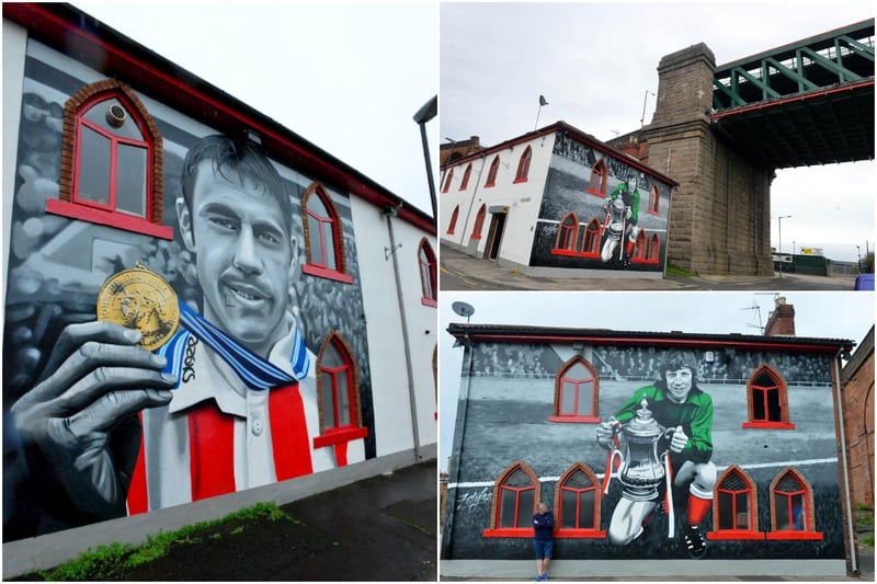 The Frank Styles artworks on the side of the Times Inn, in Wear Street, show Sunderland AFC legends Jimmy Montgomery and Kevin Phillips, with both funded through campaigns led by landlord Steve Lawson. Walkers can take a route under the Queen Alexandra Bridge, although there is no riverside path at this point.