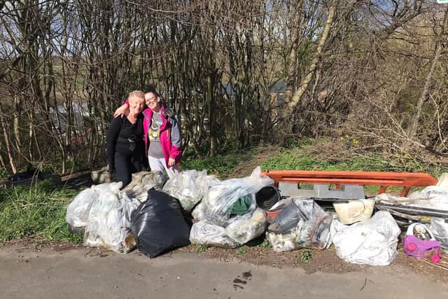 The volunteers Linda Fairbrother and Mandy Beer after tackling a small section of the Blackburn Brook path - 17 bags in total and spent five hours doing it. Not in the picture is Mavrick Wood who also joined the cleaning effort.
