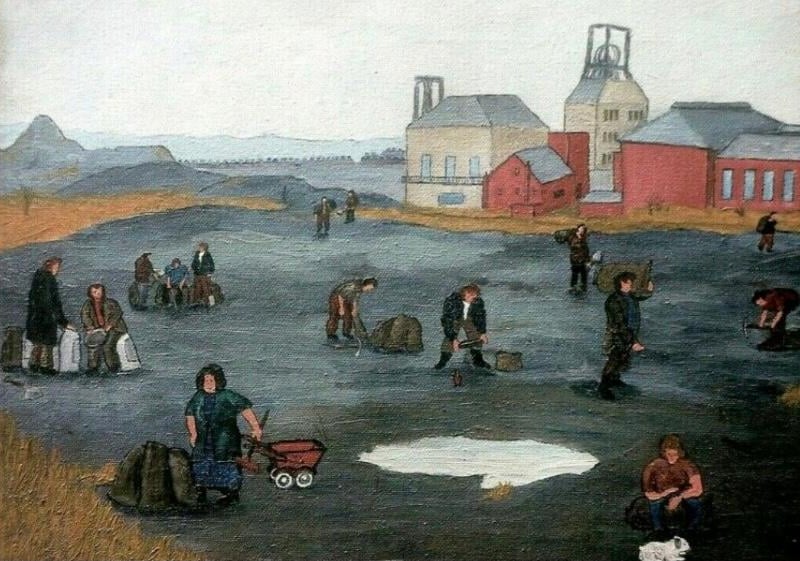 Denaby Main Colliery during the 1970's miners strike - coal pickers at the rear of Denaby Pit.