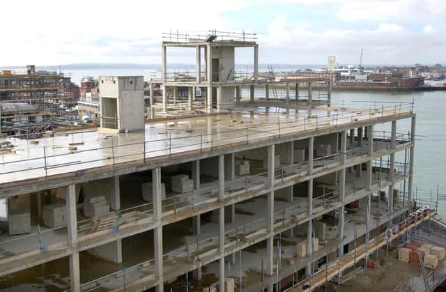 Blake House at Gunwharf Quays, with a view from the upper penthouse level under construction, looking towards Portsmouth harbour entrance and the Solent towards the Isle of Wight. Picture: Michael Scaddan. 011686_0201