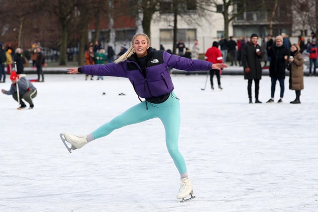 Jenni Kerr (21) ice skates on a frozen pond in Queen's Park in Glasgow. Picture: Andrew Milligan/PA Wire